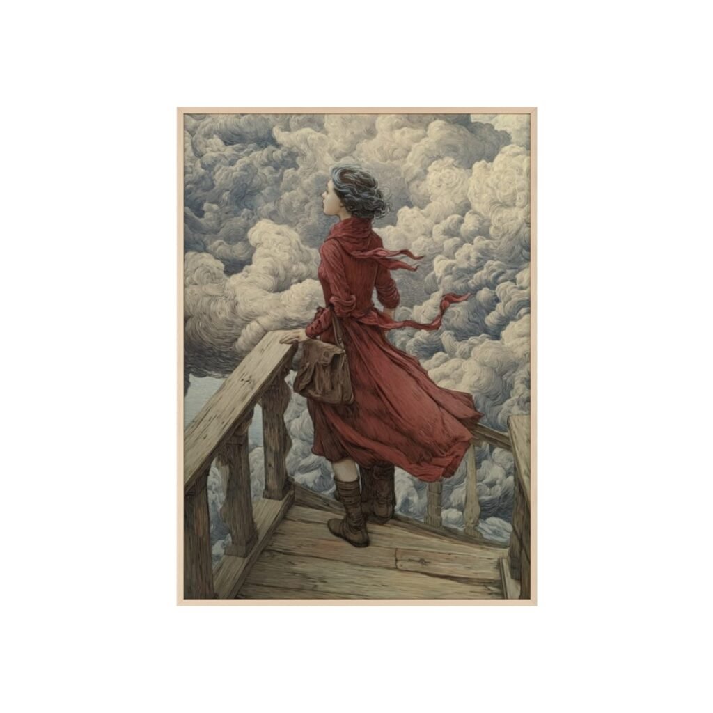 Framed Art Print — Woman in Red Coat on Windy Balcony (Vintage Romantic Wall Poster)