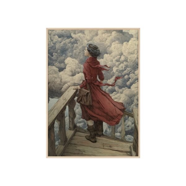 Framed Art Print — Woman in Red Coat on Windy Balcony (Vintage Romantic Wall Poster) - Image 3