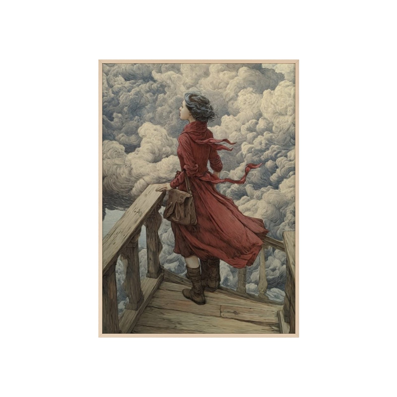 Framed Art Print — Woman in Red Coat on Windy Balcony (Vintage Romantic Wall Poster) - Image 3