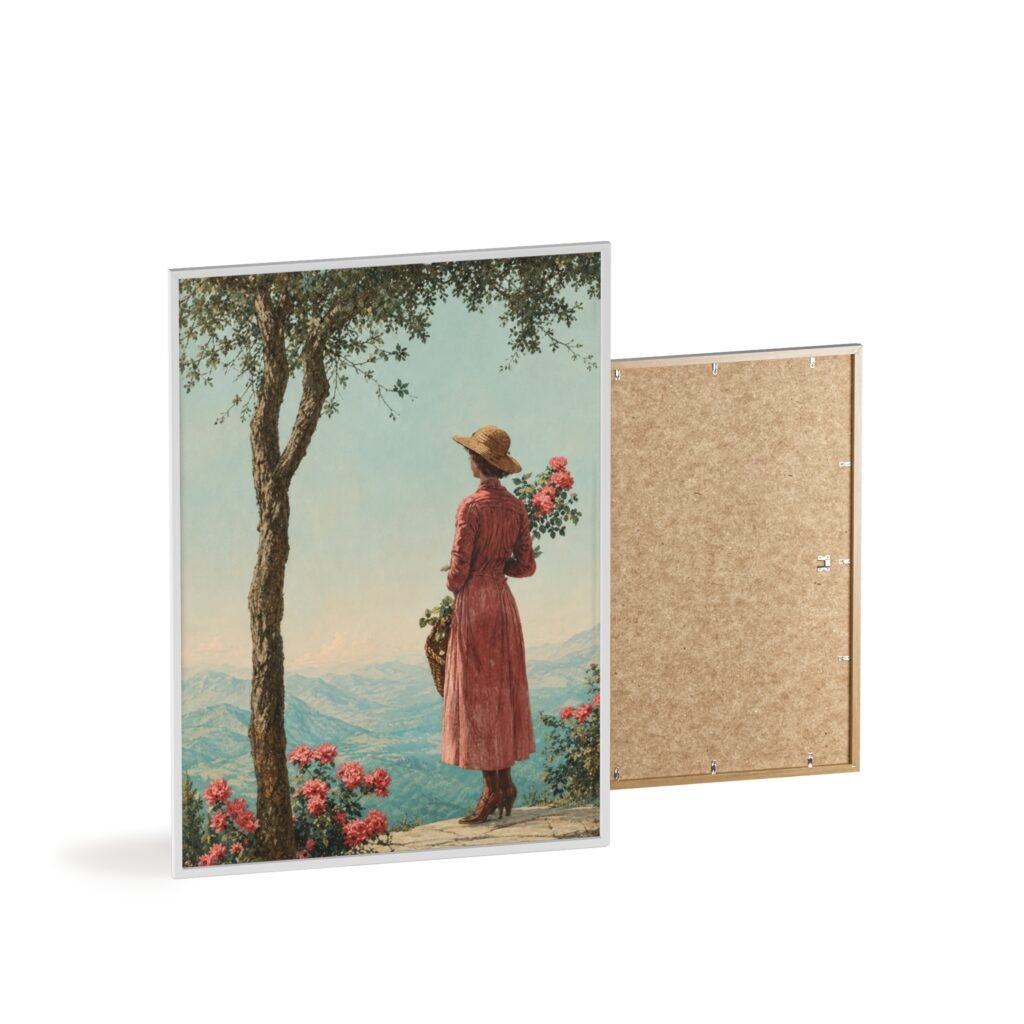 Vintage Woman in Red Dress Framed Poster — Scenic Floral Wall Art
