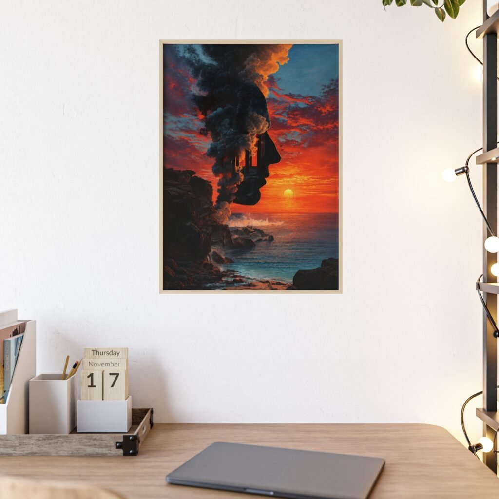 Sunset Silhouette Art Poster with Wooden Frame — Vintage Surreal Coastal Landscape Wall Art