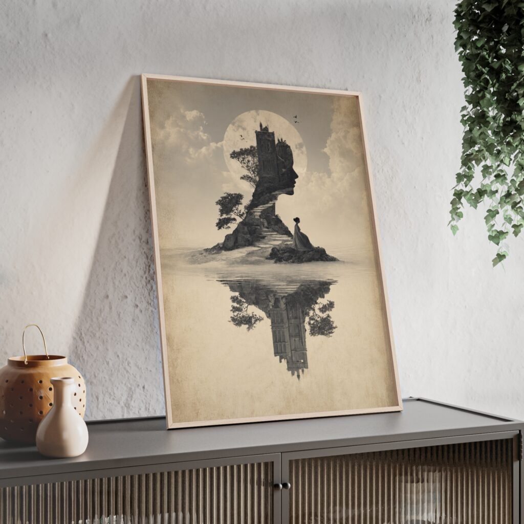 Surreal Castle Reflection Poster (Framed) – Vintage Monochrome Wall Art