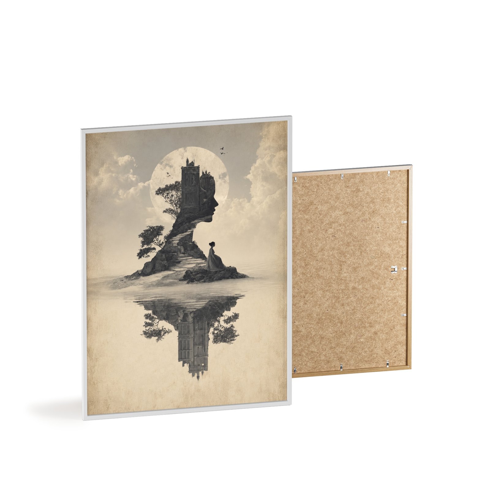 Surreal Castle Reflection Poster (Framed) – Vintage Monochrome Wall Art - Image 4
