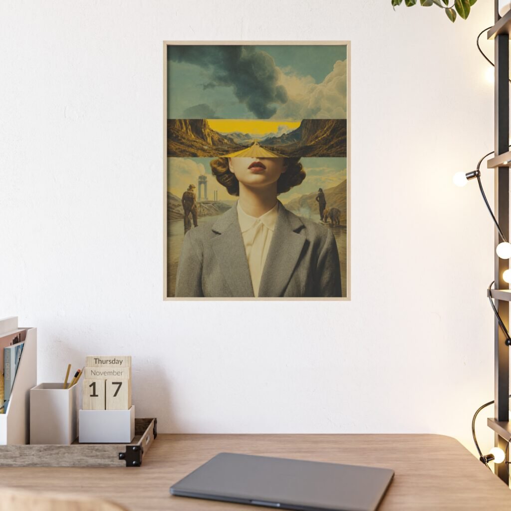 Vintage Surreal Portrait Landscape Poster with Wooden Frame — Vintage Collage Wall Art