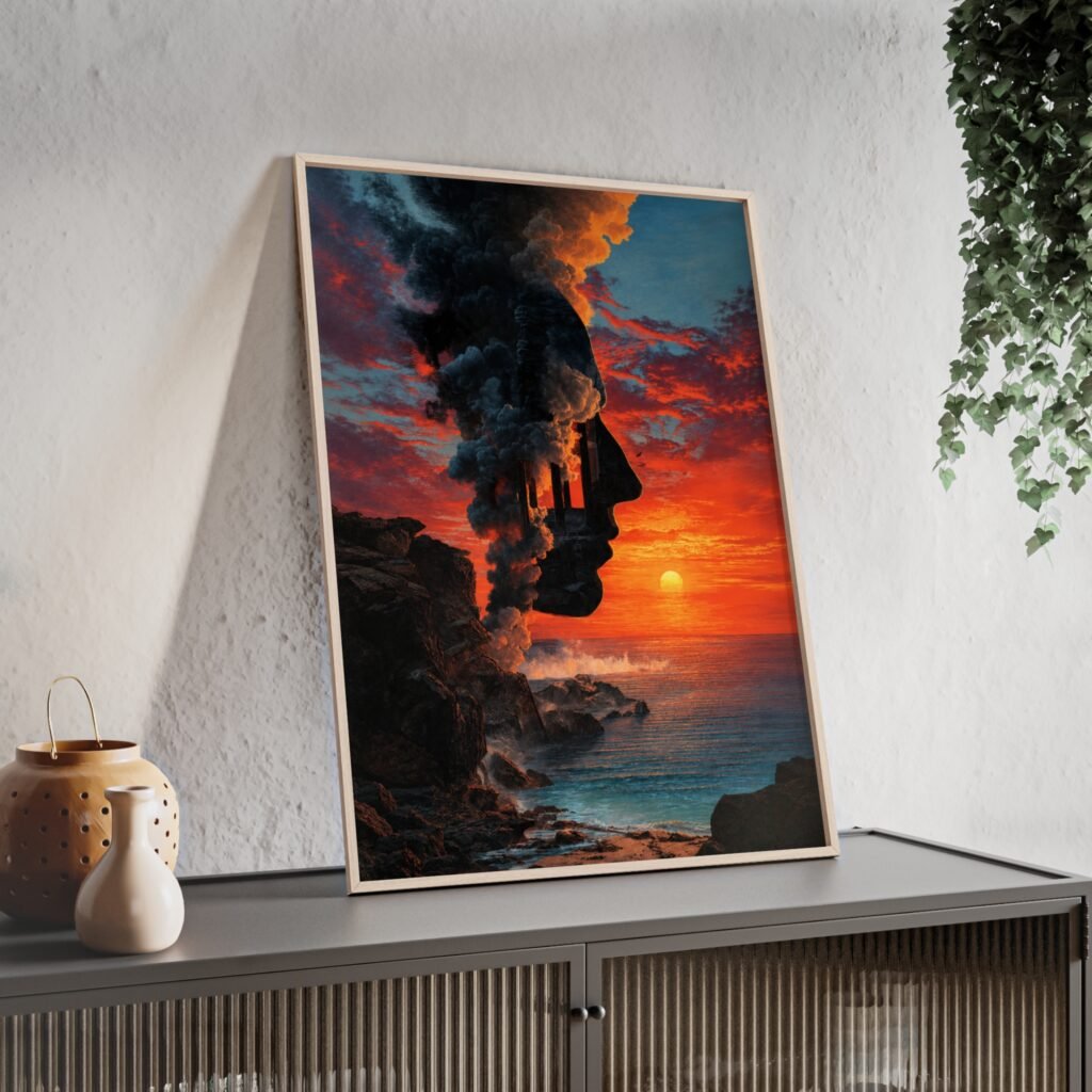Sunset Silhouette Art Poster with Wooden Frame — Vintage Surreal Coastal Landscape Wall Art