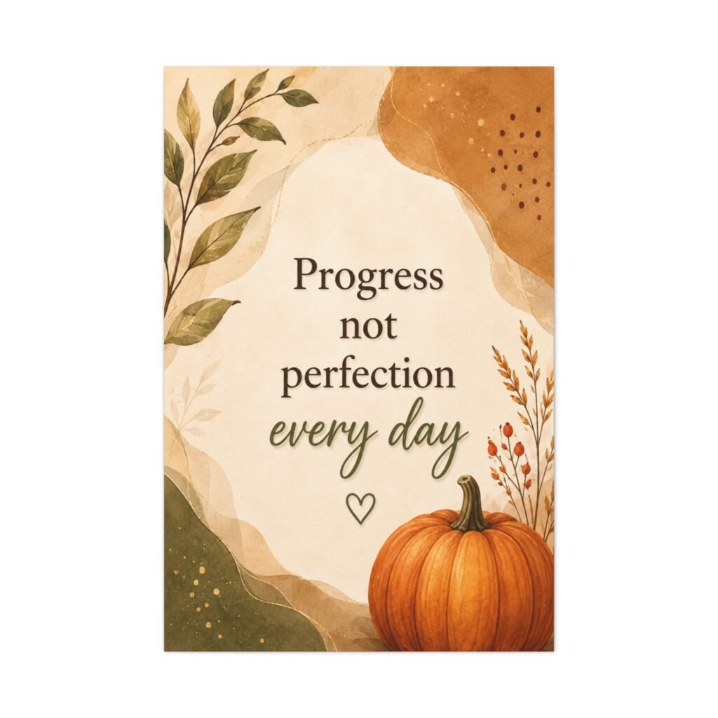 Autumn Pumpkin Canvas Wall Art — "Progress Not Perfection Every Day" Motivational Quote