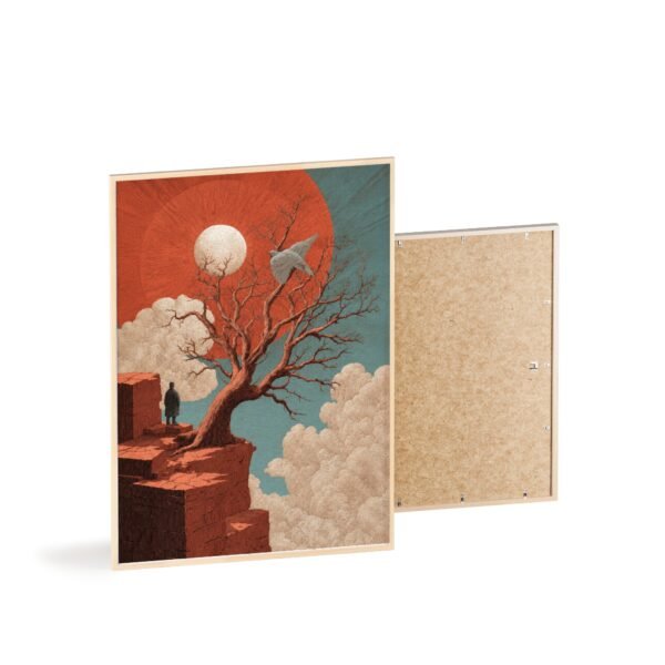 Surreal Cliffside Art Poster with Wooden Frame — Lone Figure, Twisted Tree & Red Sun - Image 4
