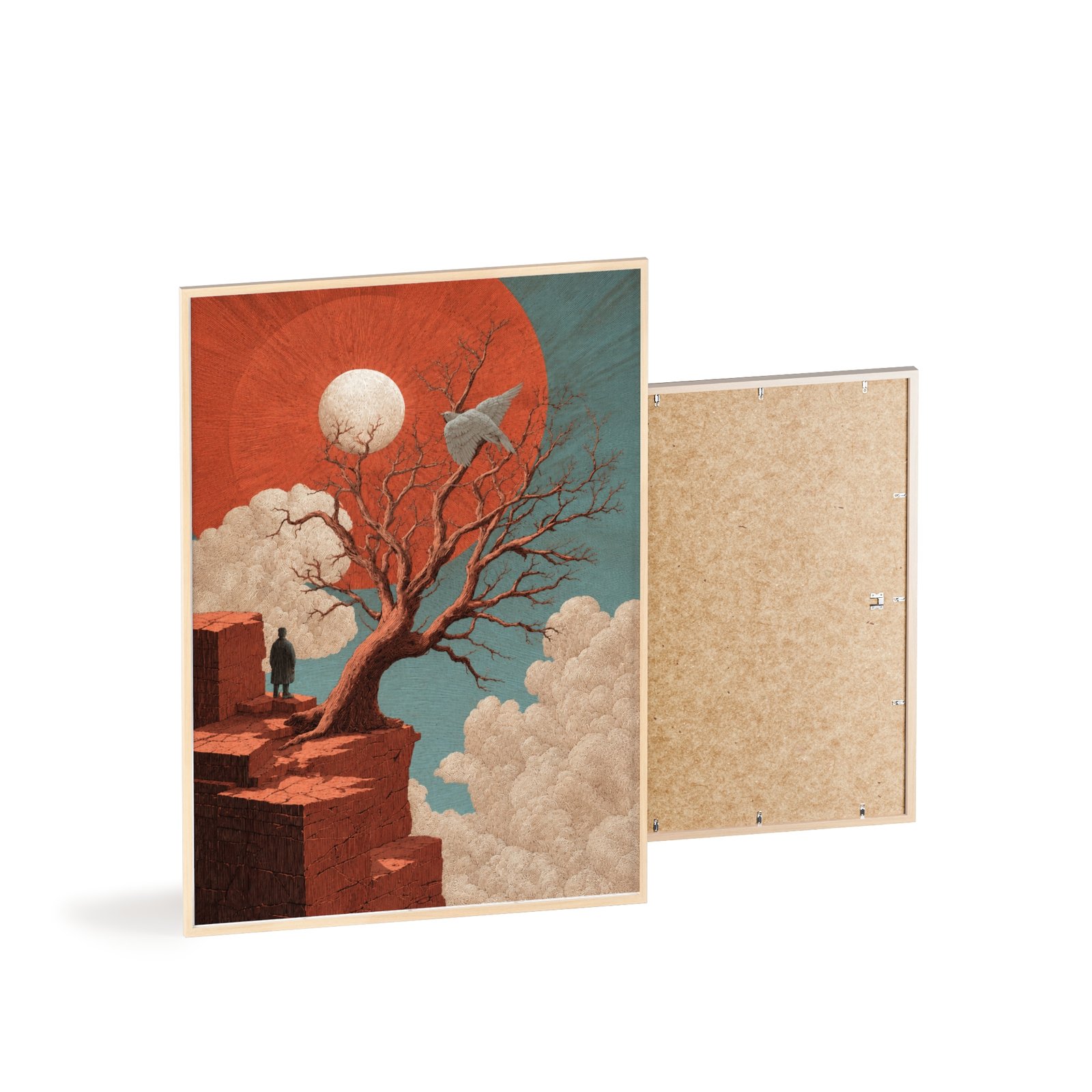 Surreal Cliffside Art Poster with Wooden Frame — Lone Figure, Twisted Tree & Red Sun - Image 4