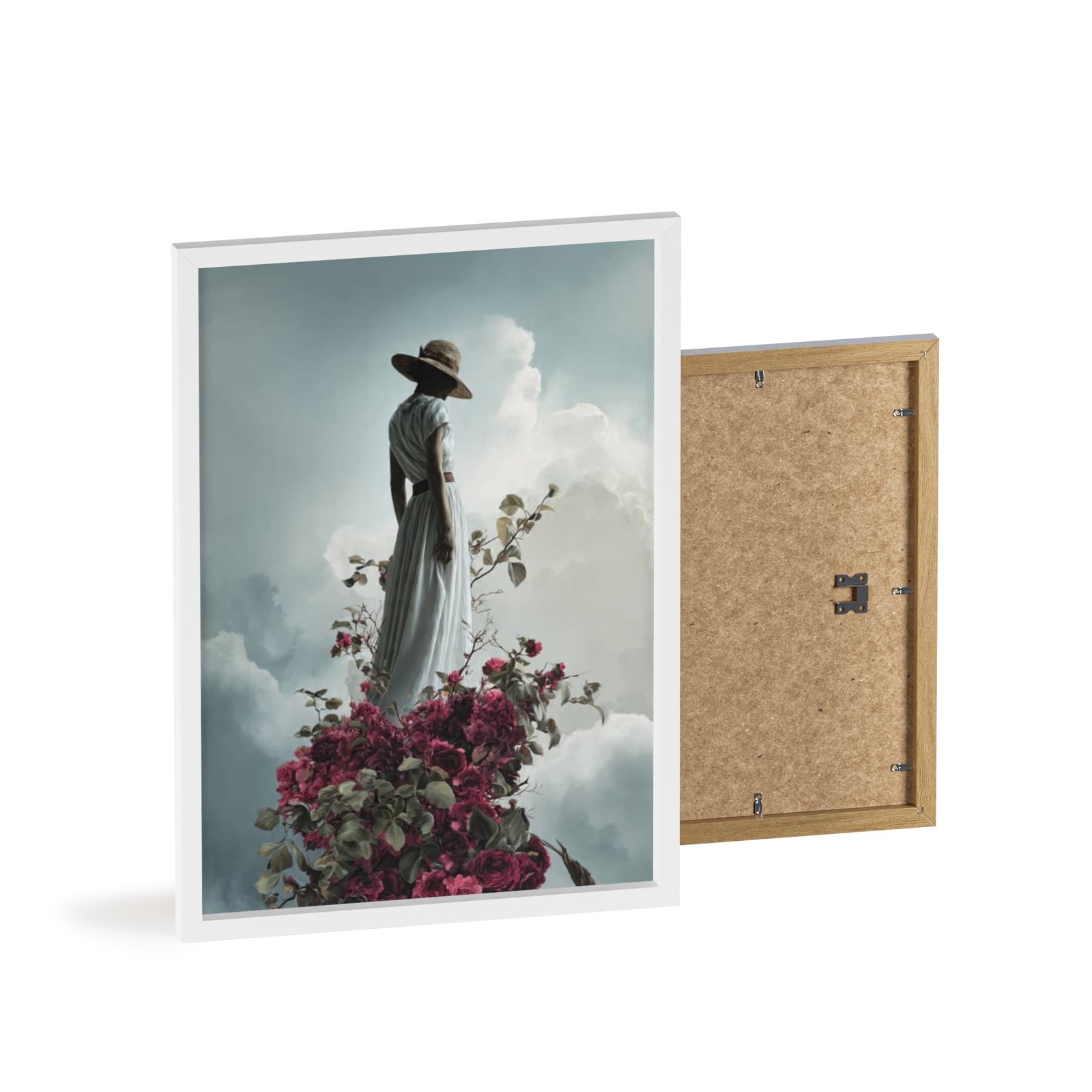 Framed Art Print — Woman in Hat Among Clouds & Roses (Wood Frame Poster) - Image 4