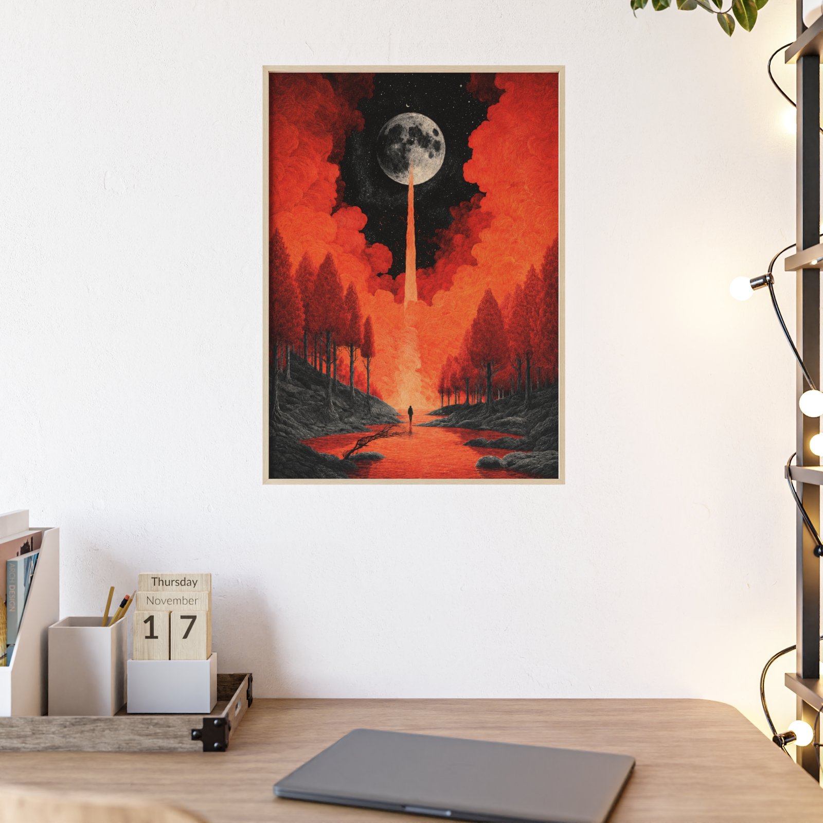 Framed Moonfall Art Poster — Surreal Red Forest Wall Art - Image 1