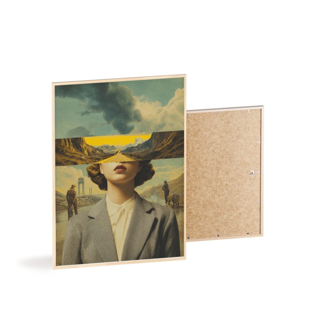 Vintage Surreal Portrait Landscape Poster with Wooden Frame — Vintage Collage Wall Art