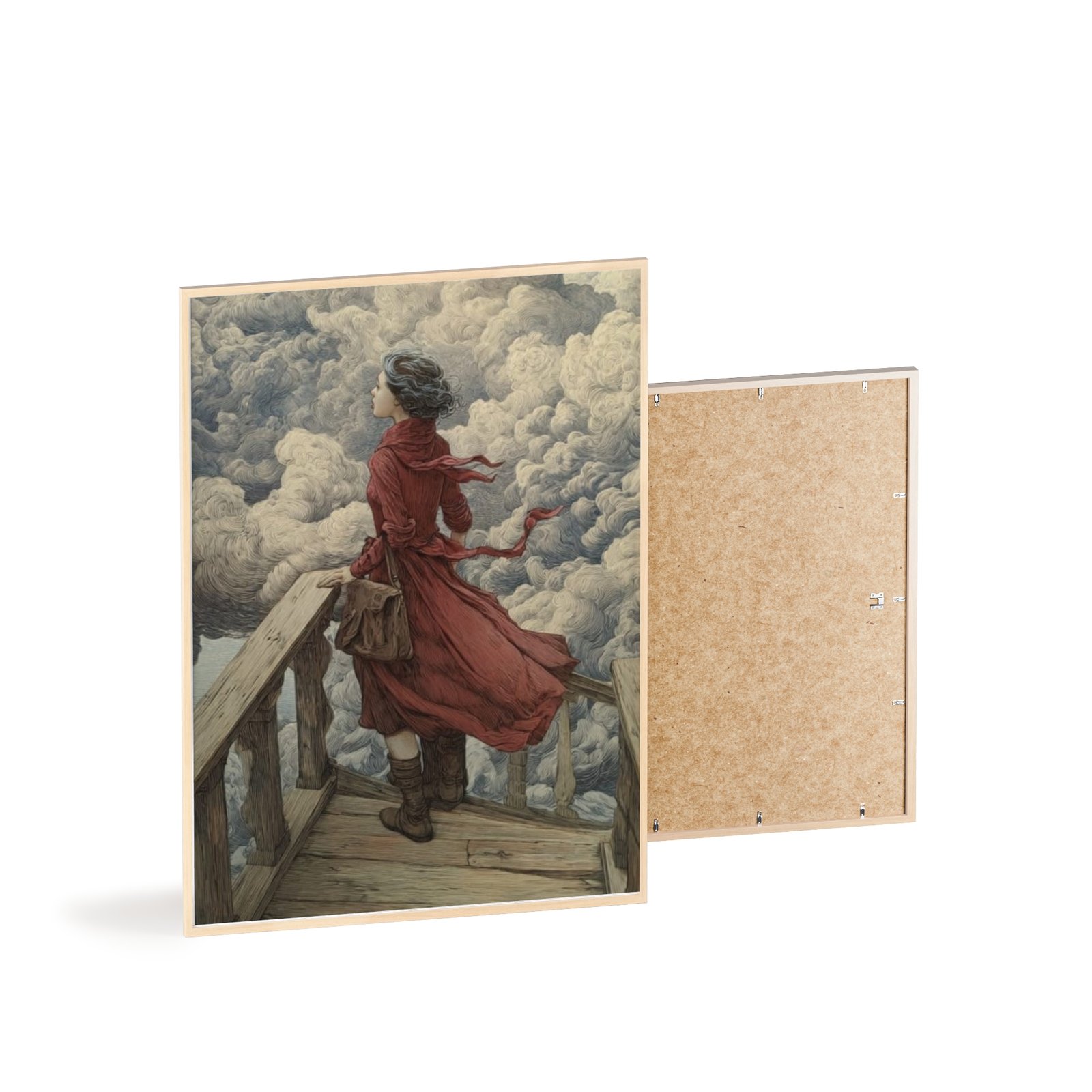 Framed Art Print — Woman in Red Coat on Windy Balcony (Vintage Romantic Wall Poster) - Image 4