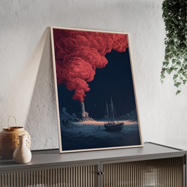 Framed Lighthouse Poster — Moody Seascape Art Print with Red Smoke - Image 2