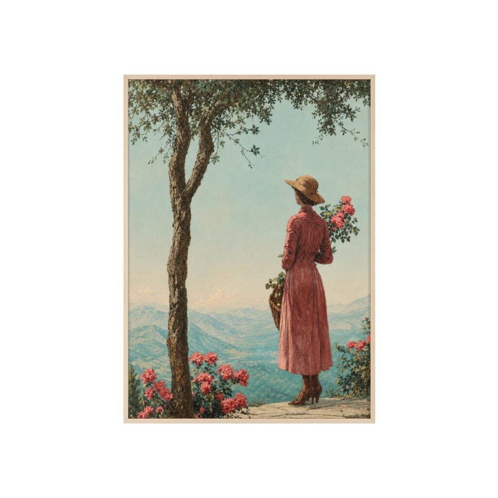 Vintage Woman in Red Dress Framed Poster — Scenic Floral Wall Art