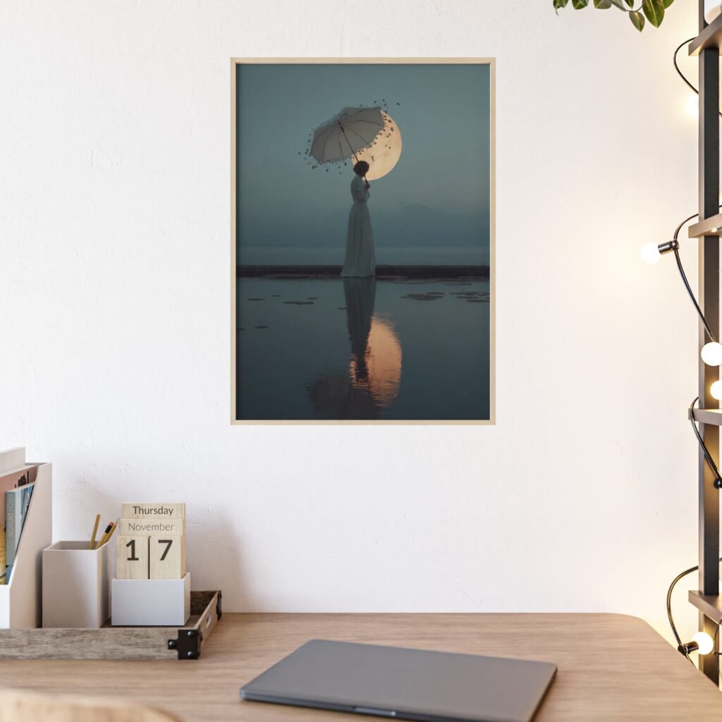 Surreal Moonlit Poster with Wooden Frame — Dreamy Woman & Umbrella Wall Art