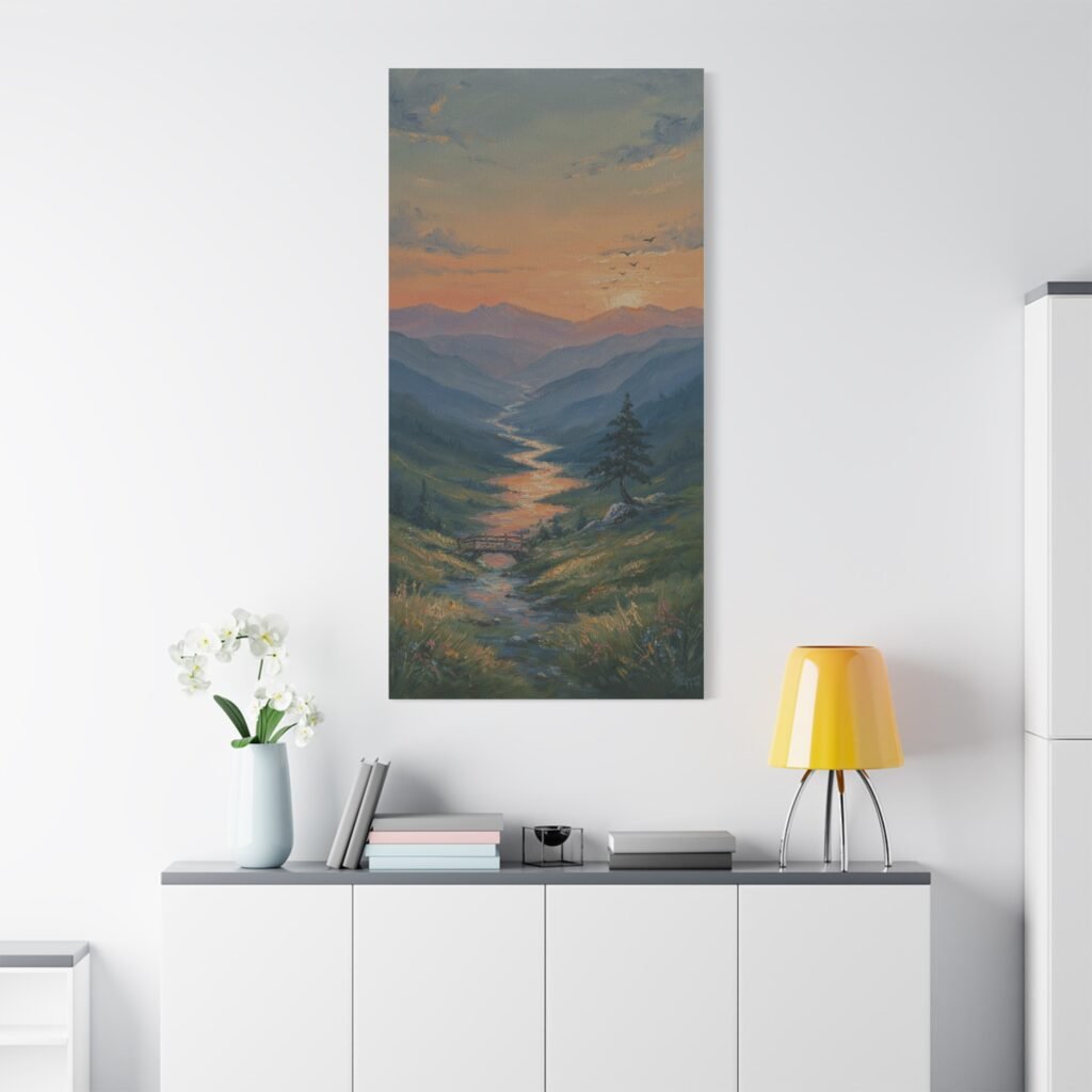 Stretched Matte Canvas Wall Art — Serene Mountain River Sunset Landscape