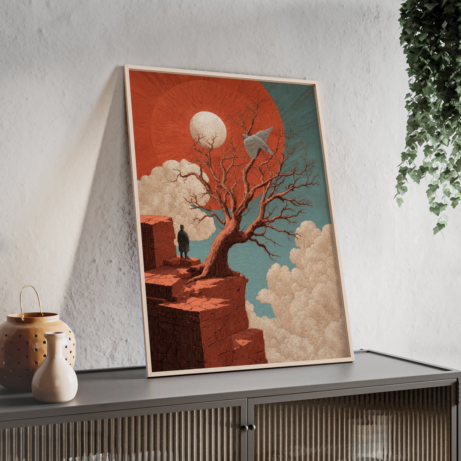 Surreal Cliffside Art Poster with Wooden Frame — Lone Figure, Twisted Tree & Red Sun - Image 2