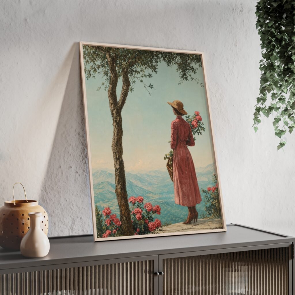 Vintage Woman in Red Dress Framed Poster — Scenic Floral Wall Art