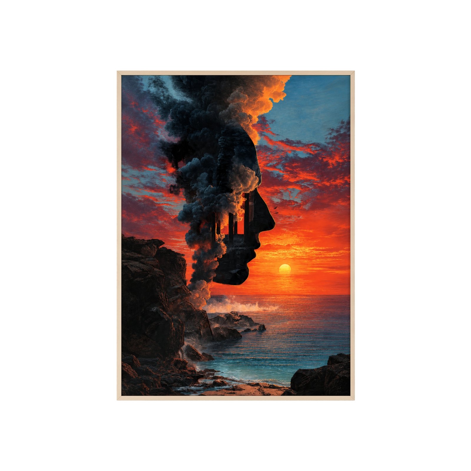 Sunset Silhouette Art Poster with Wooden Frame — Vintage Surreal Coastal Landscape Wall Art - Image 3