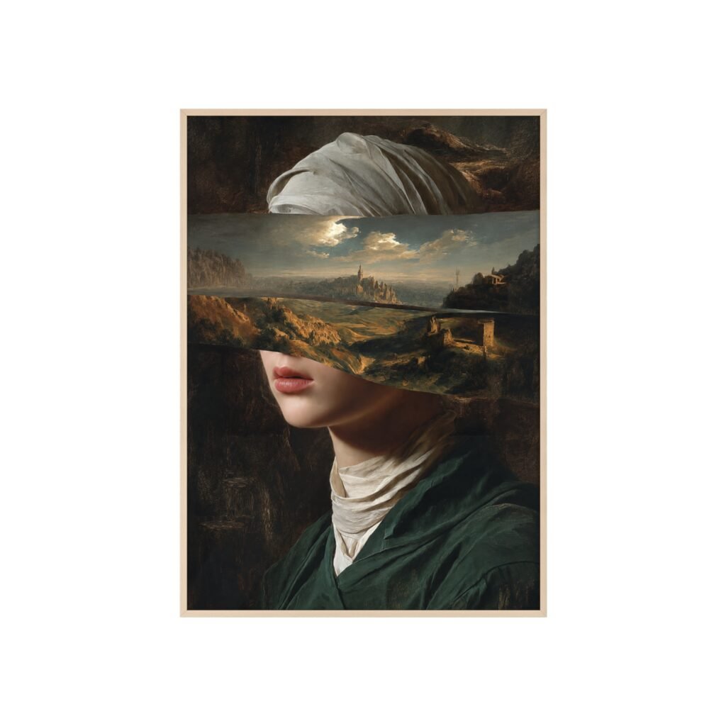 Vintage Surreal Fragmented Portrait Poster with Wooden Frame — Contemporary Art Print