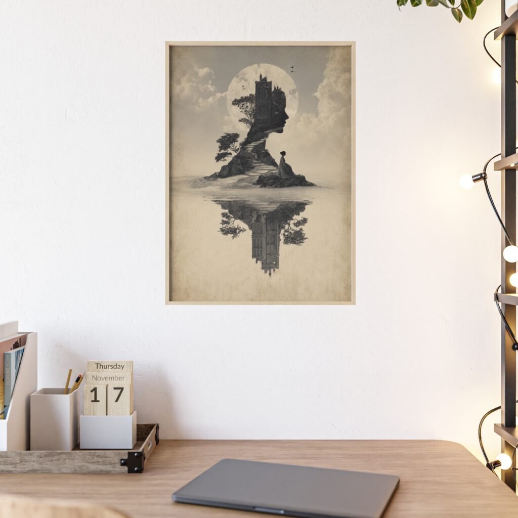 Surreal Castle Reflection Poster (Framed) – Vintage Monochrome Wall Art