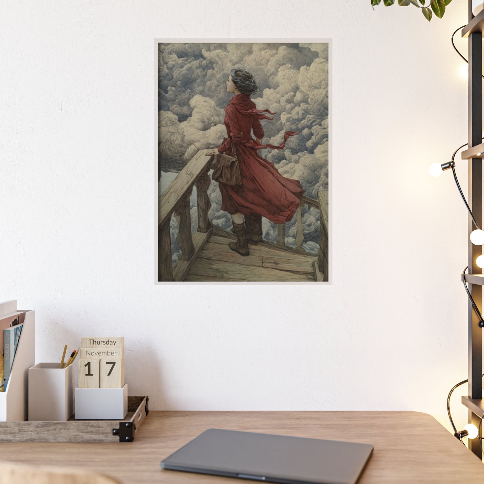 Framed Art Print — Woman in Red Coat on Windy Balcony (Vintage Romantic Wall Poster) - Image 1