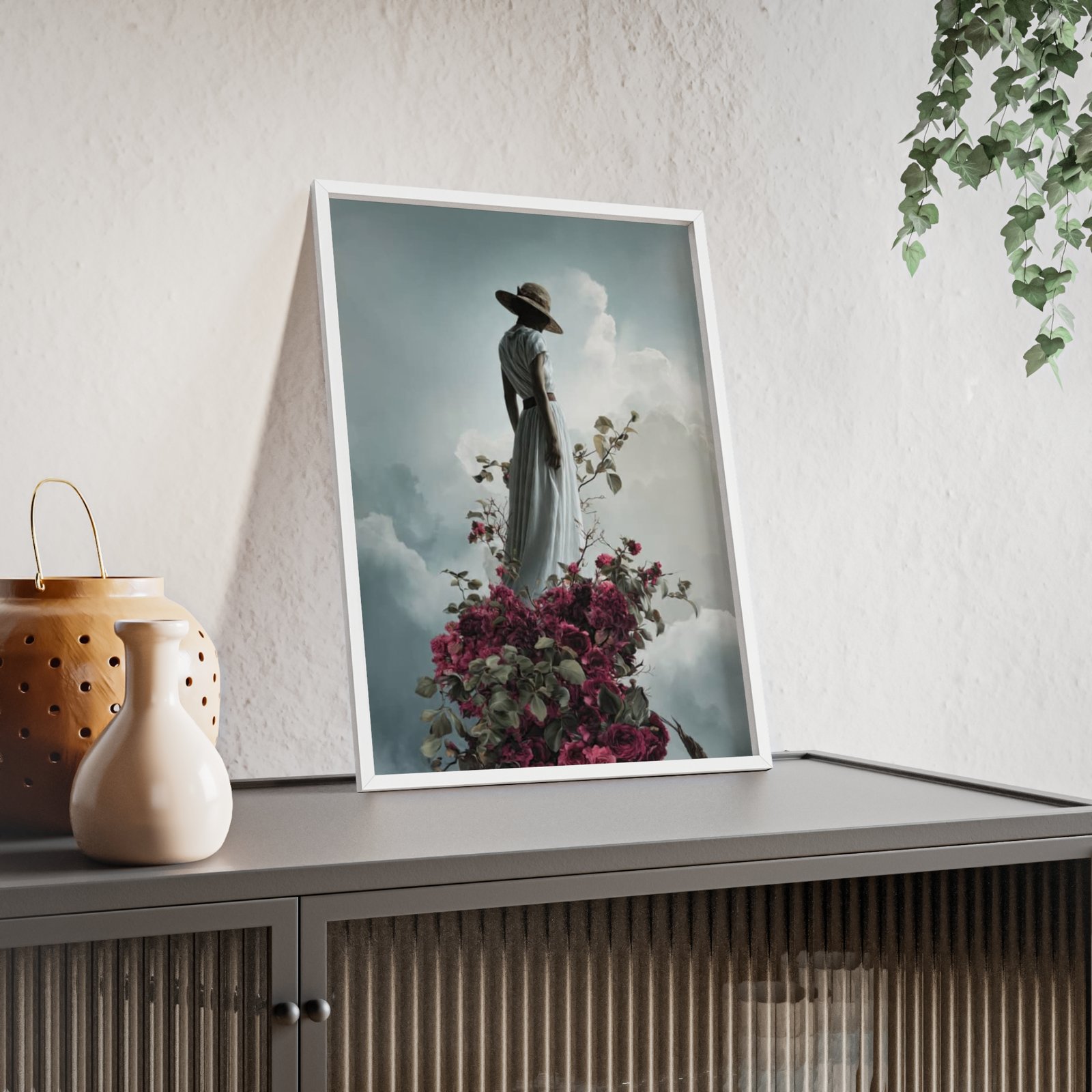 Framed Art Print — Woman in Hat Among Clouds & Roses (Wood Frame Poster) - Image 2