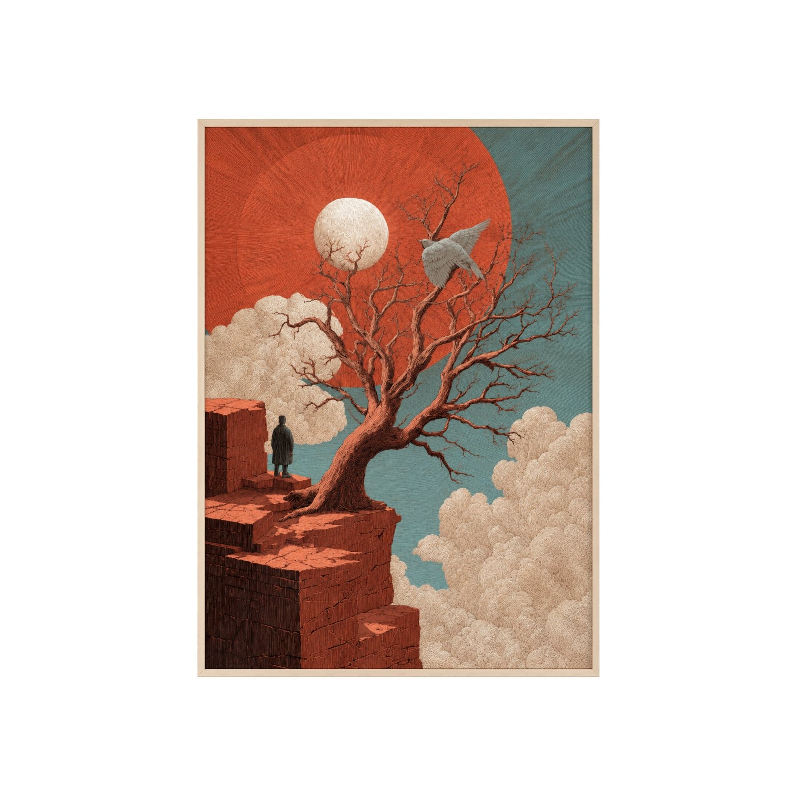Surreal Cliffside Art Poster with Wooden Frame — Lone Figure, Twisted Tree & Red Sun - Image 3
