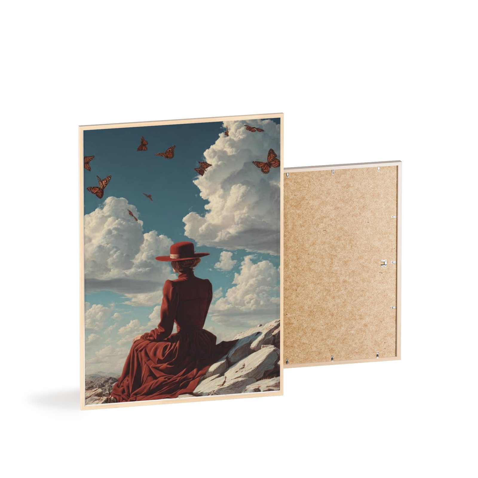 Framed Art Print — Woman in Red Hat with Butterflies, Vintage Sky Poster - Image 4