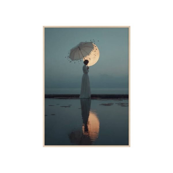 Surreal Moonlit Poster with Wooden Frame — Dreamy Woman & Umbrella Wall Art - Image 3