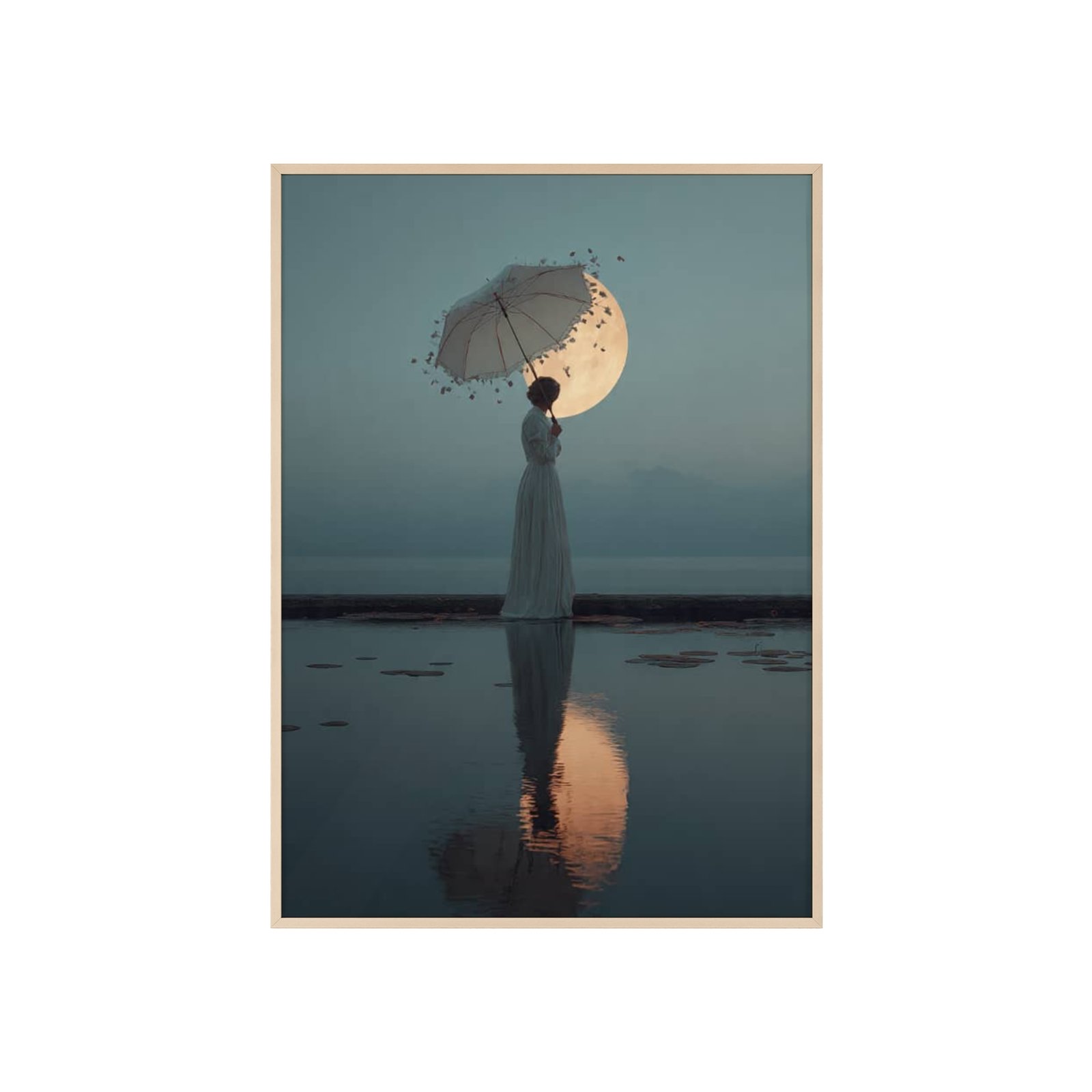 Surreal Moonlit Poster with Wooden Frame — Dreamy Woman & Umbrella Wall Art - Image 3