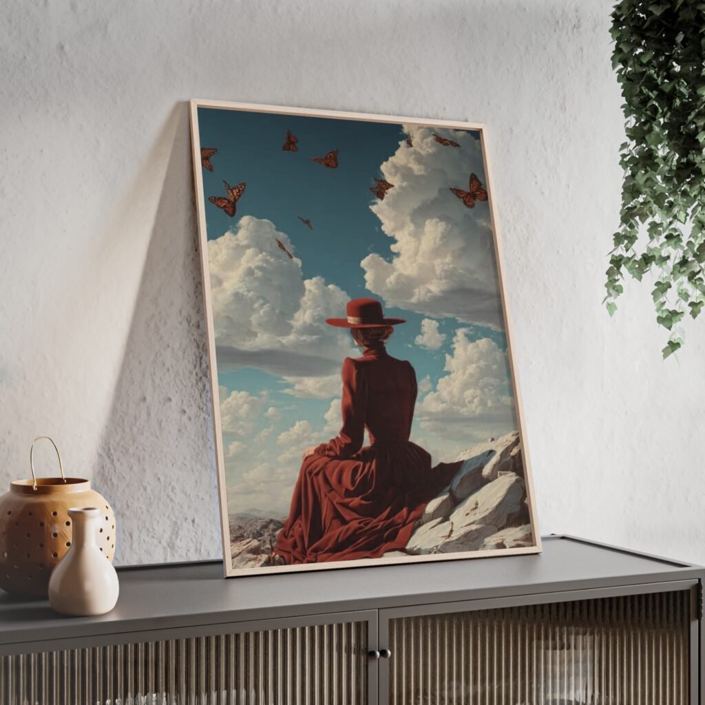 Framed Art Print — Woman in Red Hat with Butterflies, Vintage Sky Poster