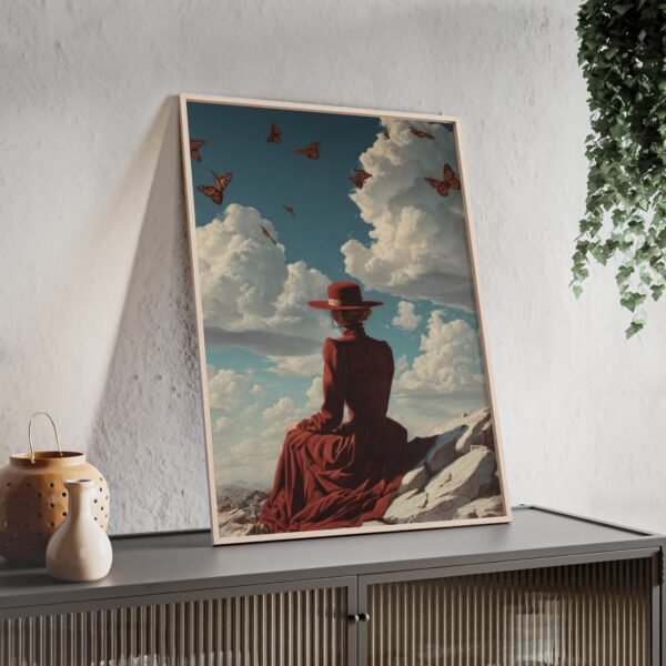 Framed Art Print — Woman in Red Hat with Butterflies, Vintage Sky Poster - Image 2