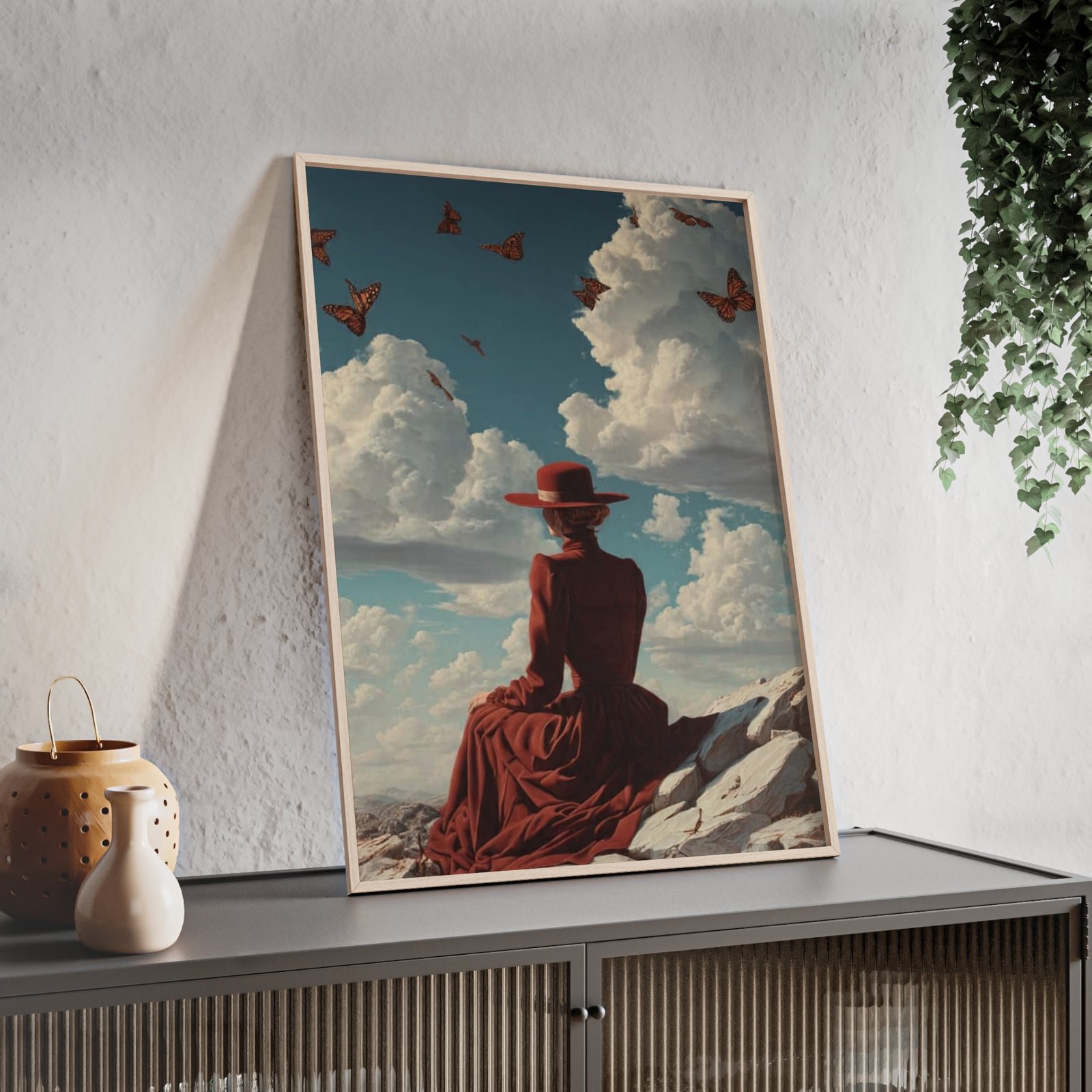Framed Art Print — Woman in Red Hat with Butterflies, Vintage Sky Poster - Image 2