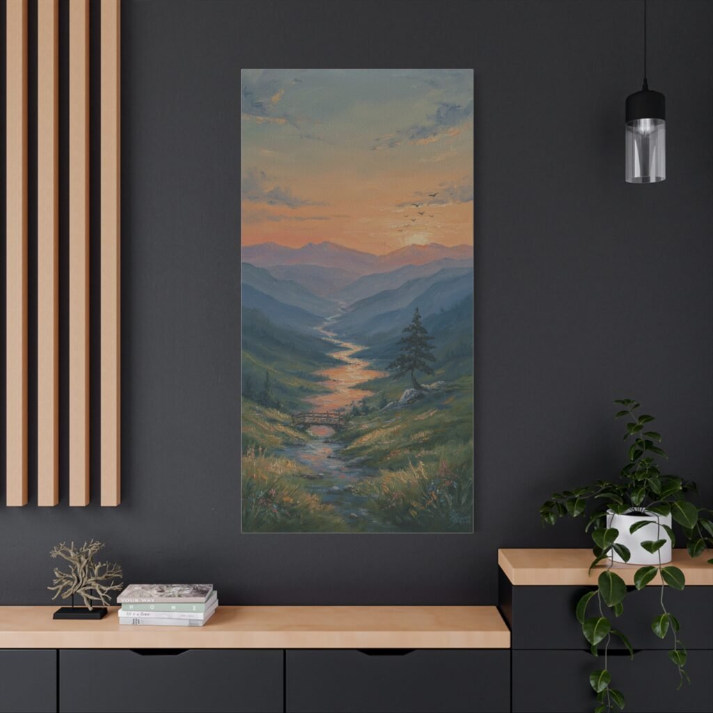 Stretched Matte Canvas Wall Art — Serene Mountain River Sunset Landscape