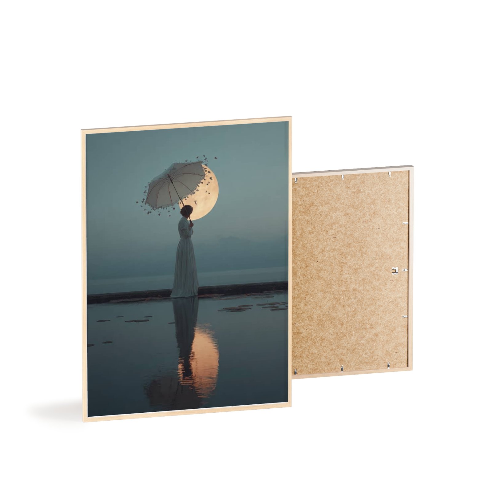 Surreal Moonlit Poster with Wooden Frame — Dreamy Woman & Umbrella Wall Art - Image 4