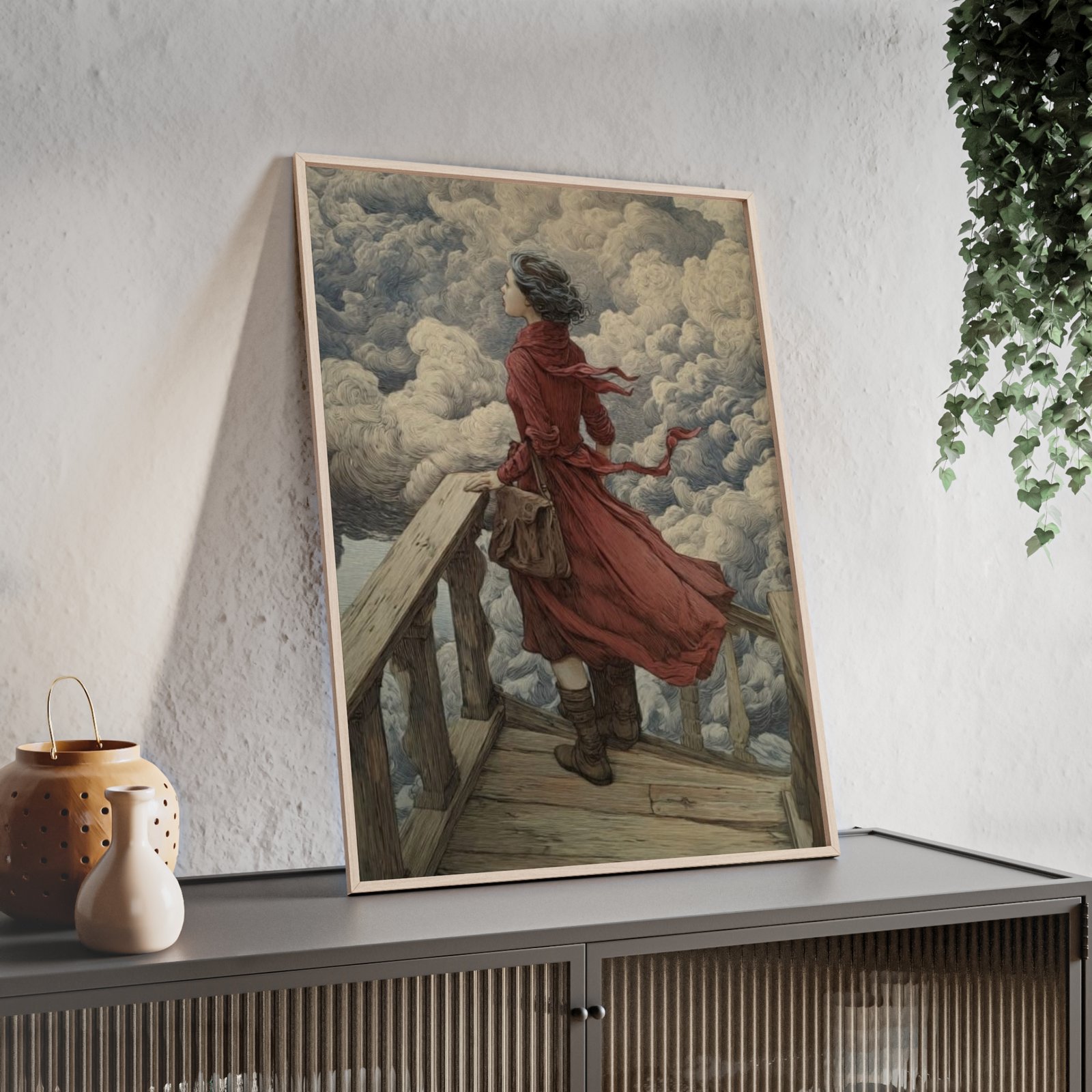 Framed Art Print — Woman in Red Coat on Windy Balcony (Vintage Romantic Wall Poster) - Image 2