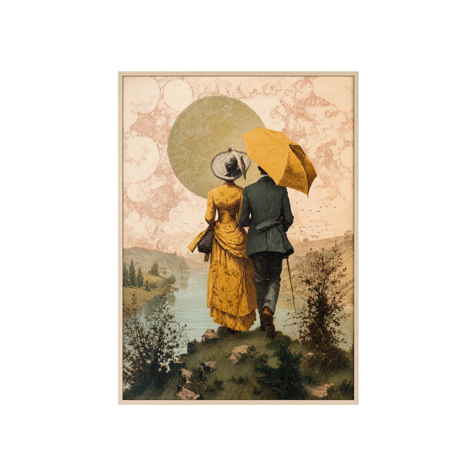 Romantic Vintage Couple Wall Art Poster with Wooden Frame - Image 1