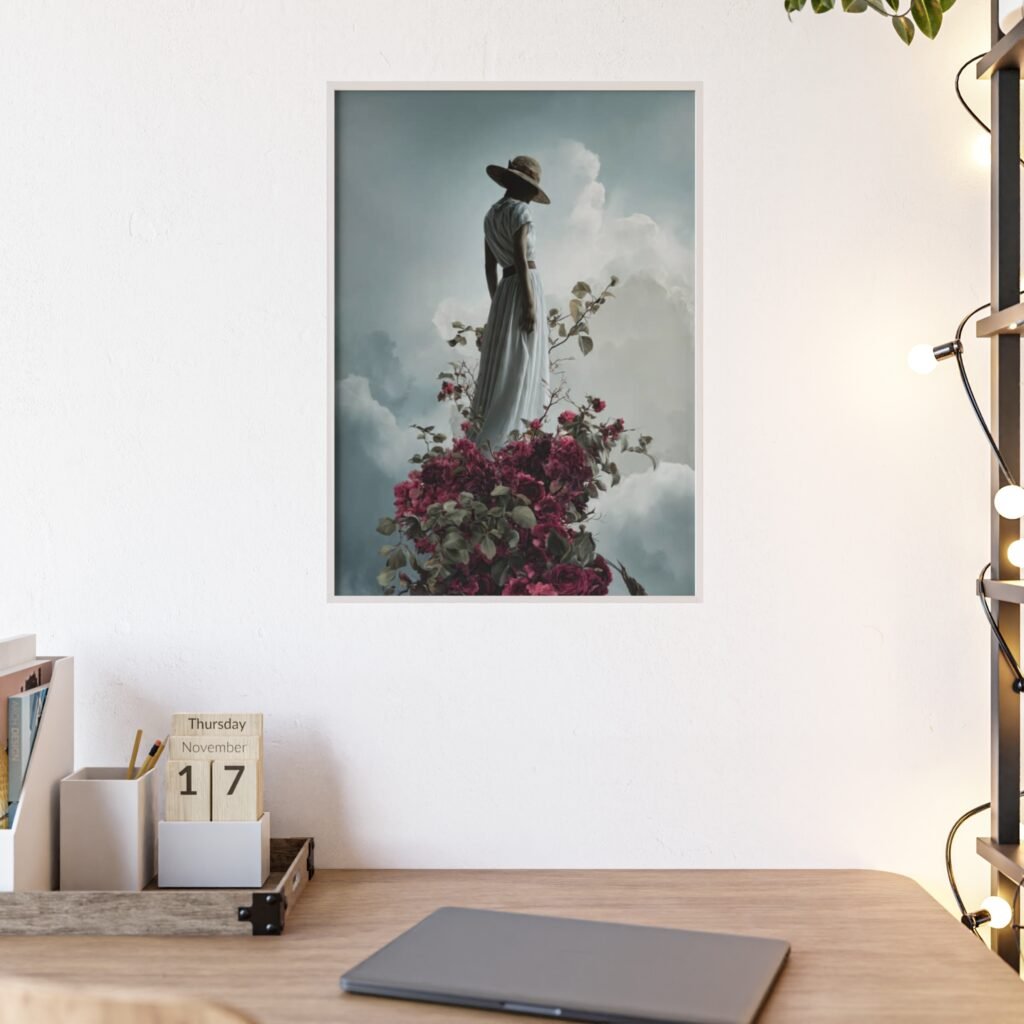 Framed Art Print — Woman in Hat Among Clouds & Roses (Wood Frame Poster)