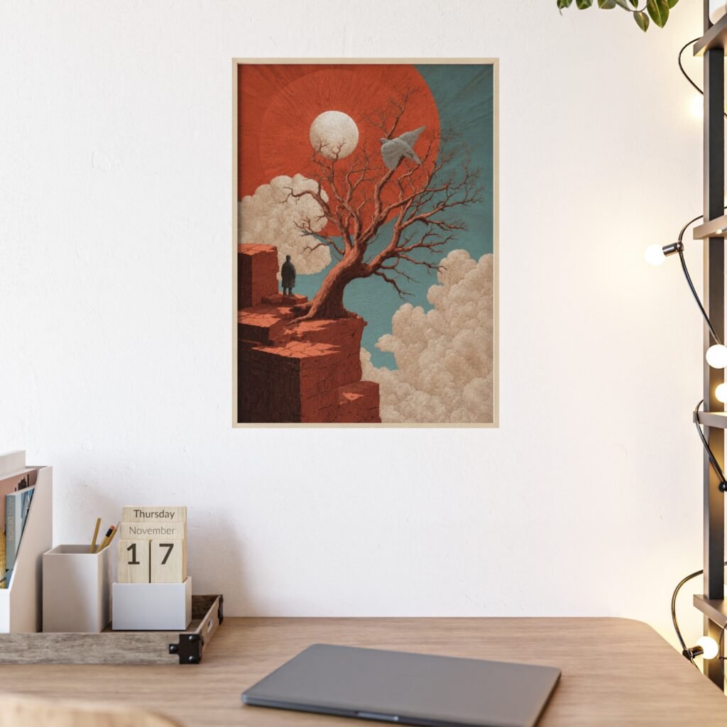 Surreal Cliffside Art Poster with Wooden Frame — Lone Figure, Twisted Tree & Red Sun