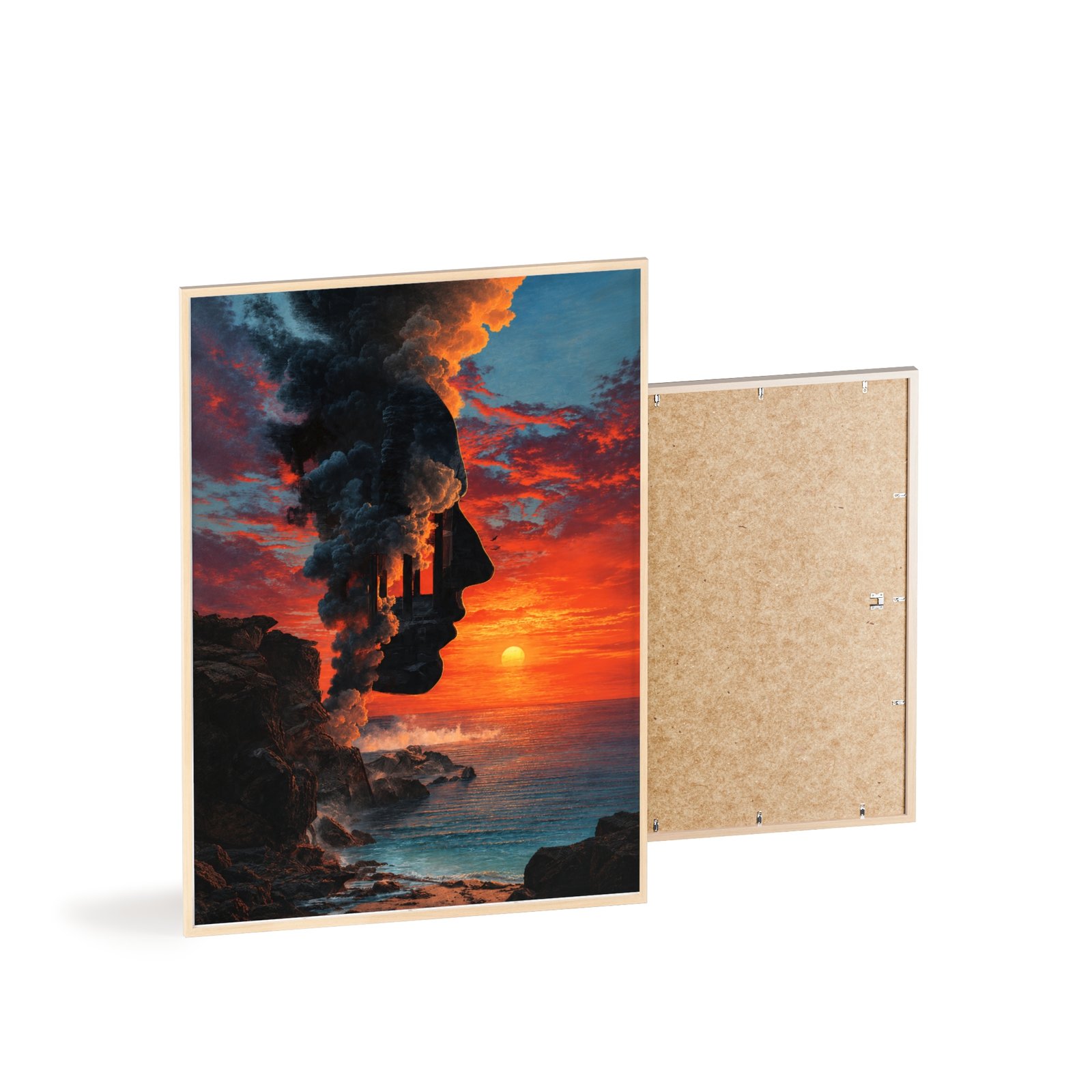 Sunset Silhouette Art Poster with Wooden Frame — Vintage Surreal Coastal Landscape Wall Art - Image 4