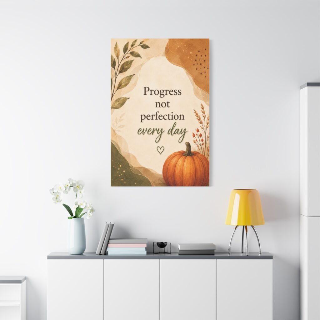 Autumn Pumpkin Canvas Wall Art — "Progress Not Perfection Every Day" Motivational Quote