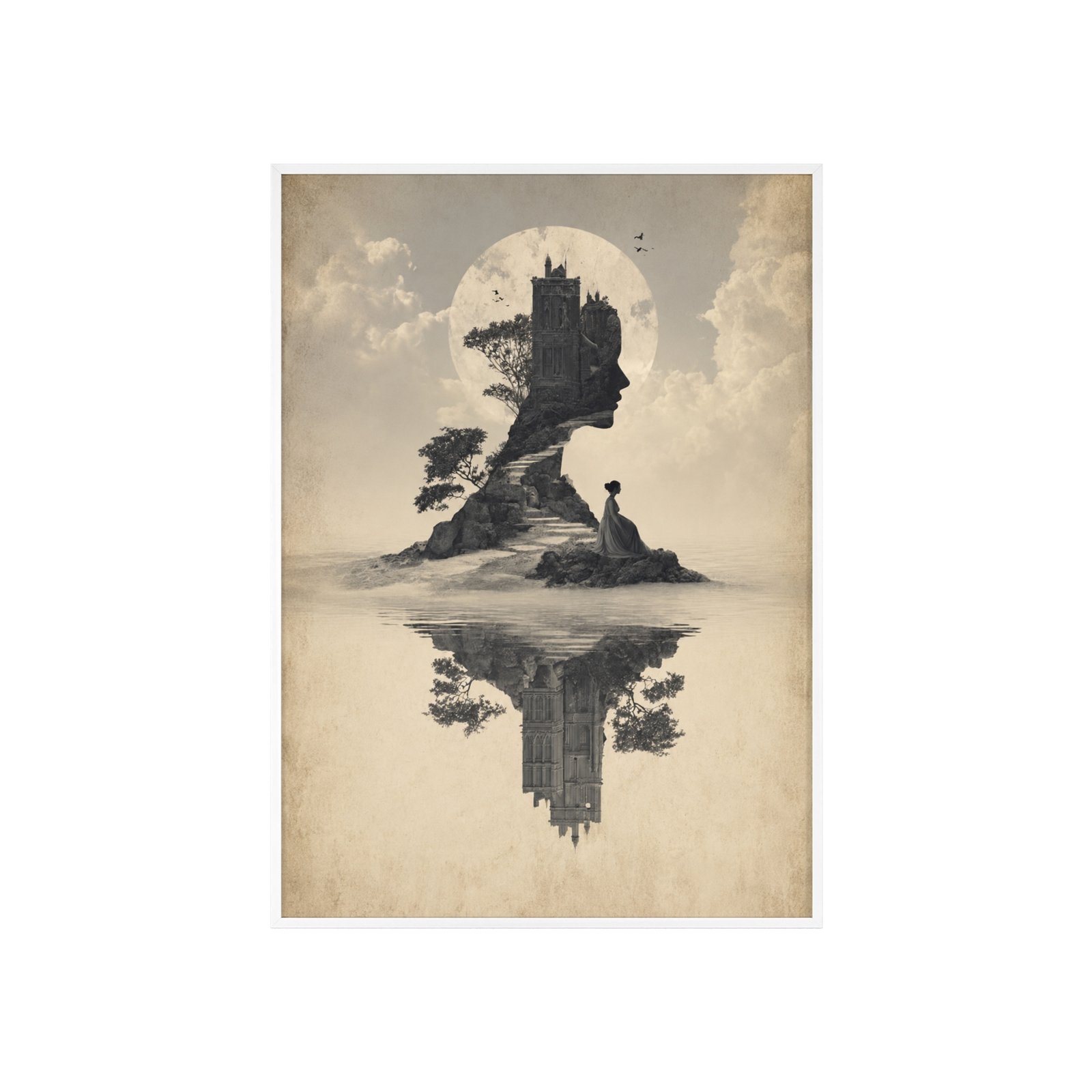 Surreal Castle Reflection Poster (Framed) – Vintage Monochrome Wall Art - Image 3