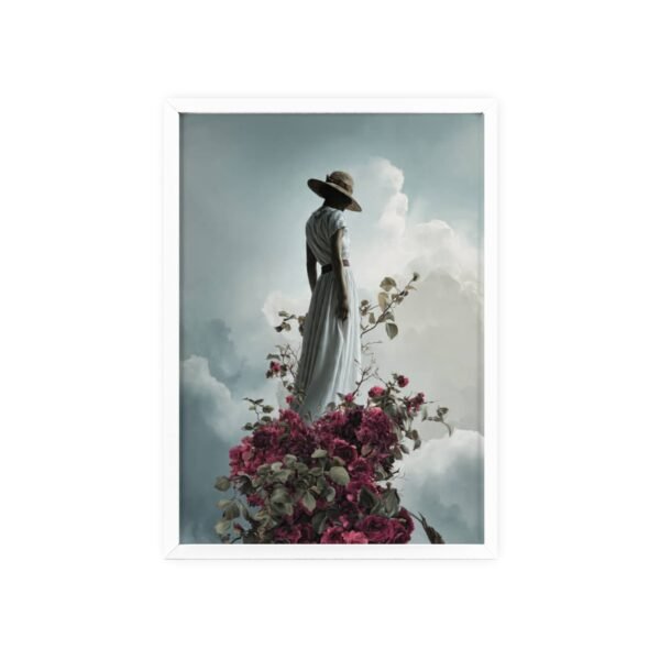 Framed Art Print — Woman in Hat Among Clouds & Roses (Wood Frame Poster) - Image 3