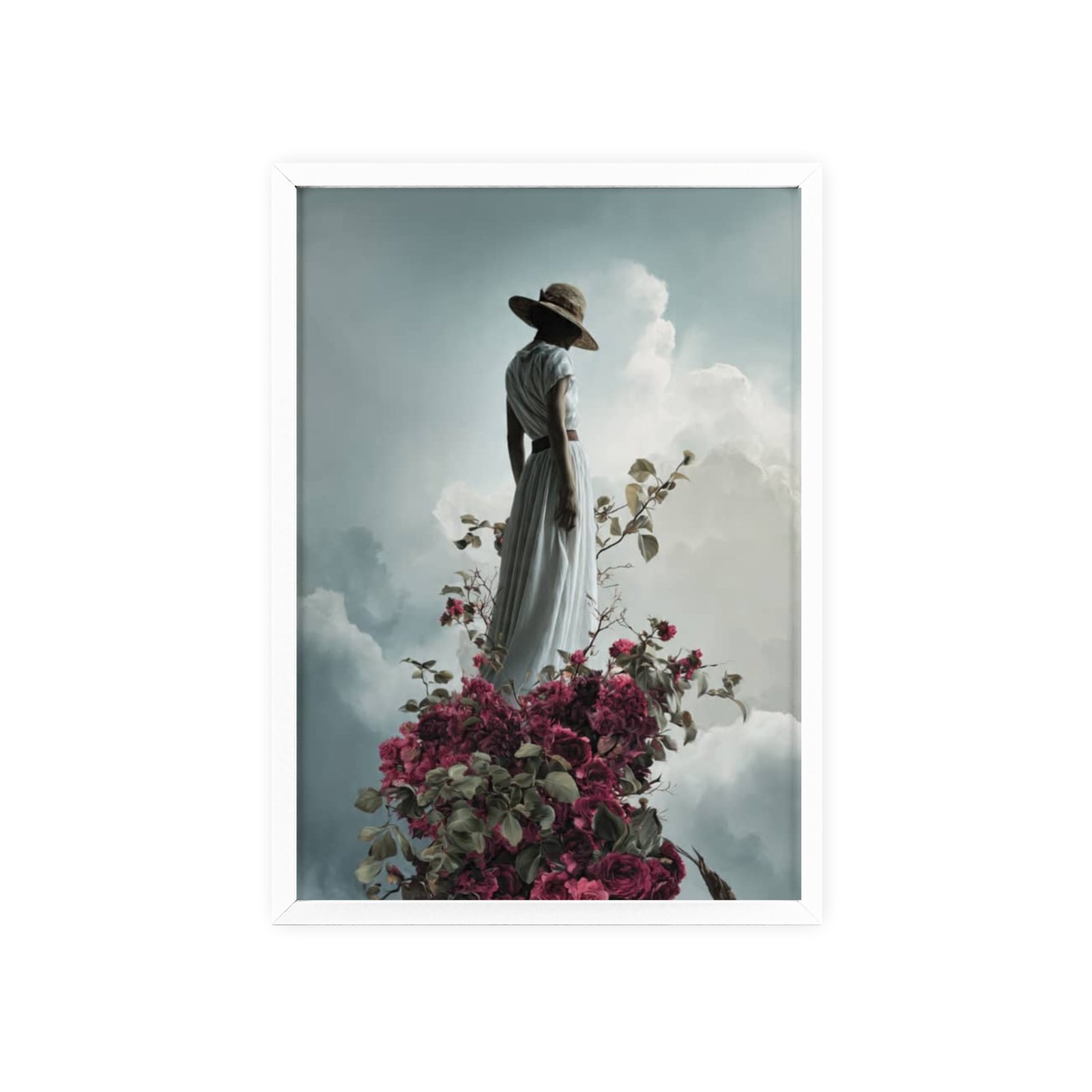 Framed Art Print — Woman in Hat Among Clouds & Roses (Wood Frame Poster) - Image 3