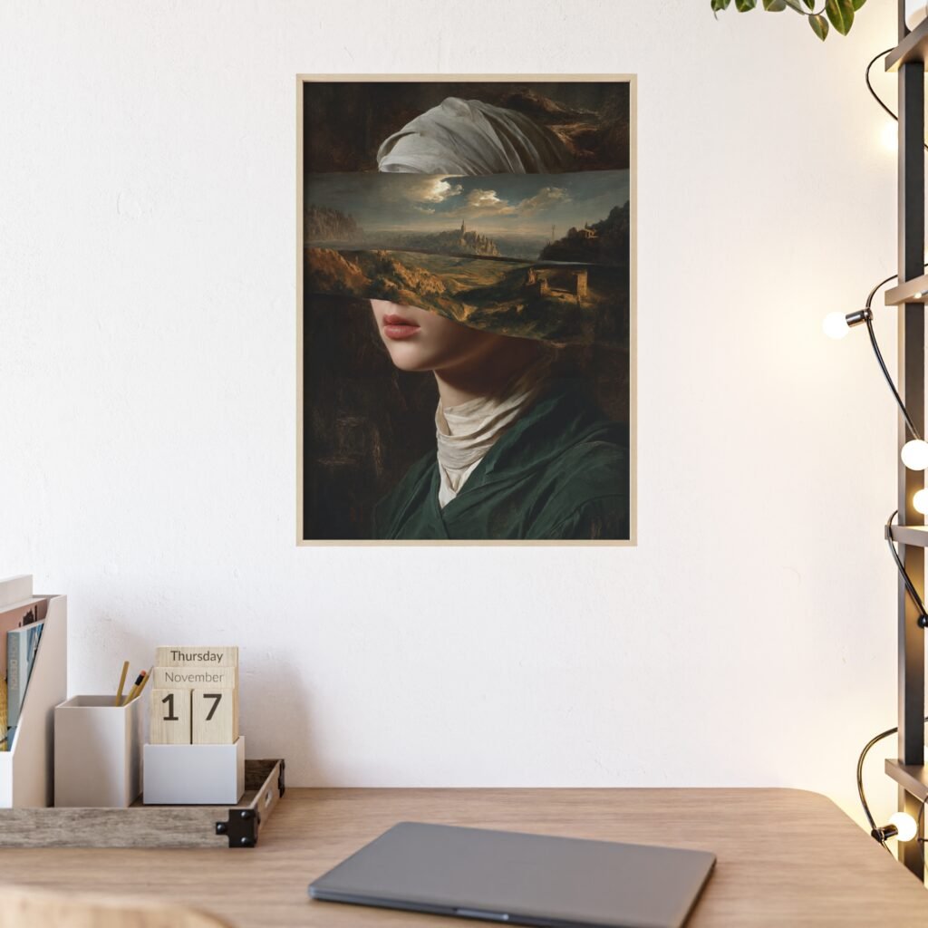 Vintage Surreal Fragmented Portrait Poster with Wooden Frame — Contemporary Art Print