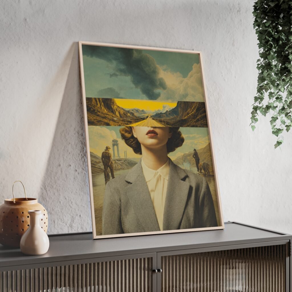 Vintage Surreal Portrait Landscape Poster with Wooden Frame — Vintage Collage Wall Art