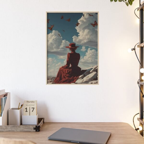 Framed Art Print — Woman in Red Hat with Butterflies, Vintage Sky Poster - Image 1