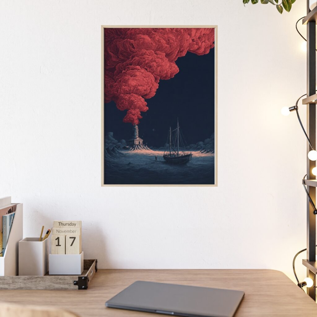 Framed Lighthouse Poster — Moody Seascape Art Print with Red Smoke
