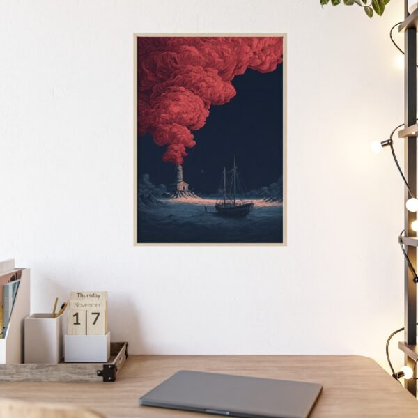 Framed Lighthouse Poster — Moody Seascape Art Print with Red Smoke - Image 1
